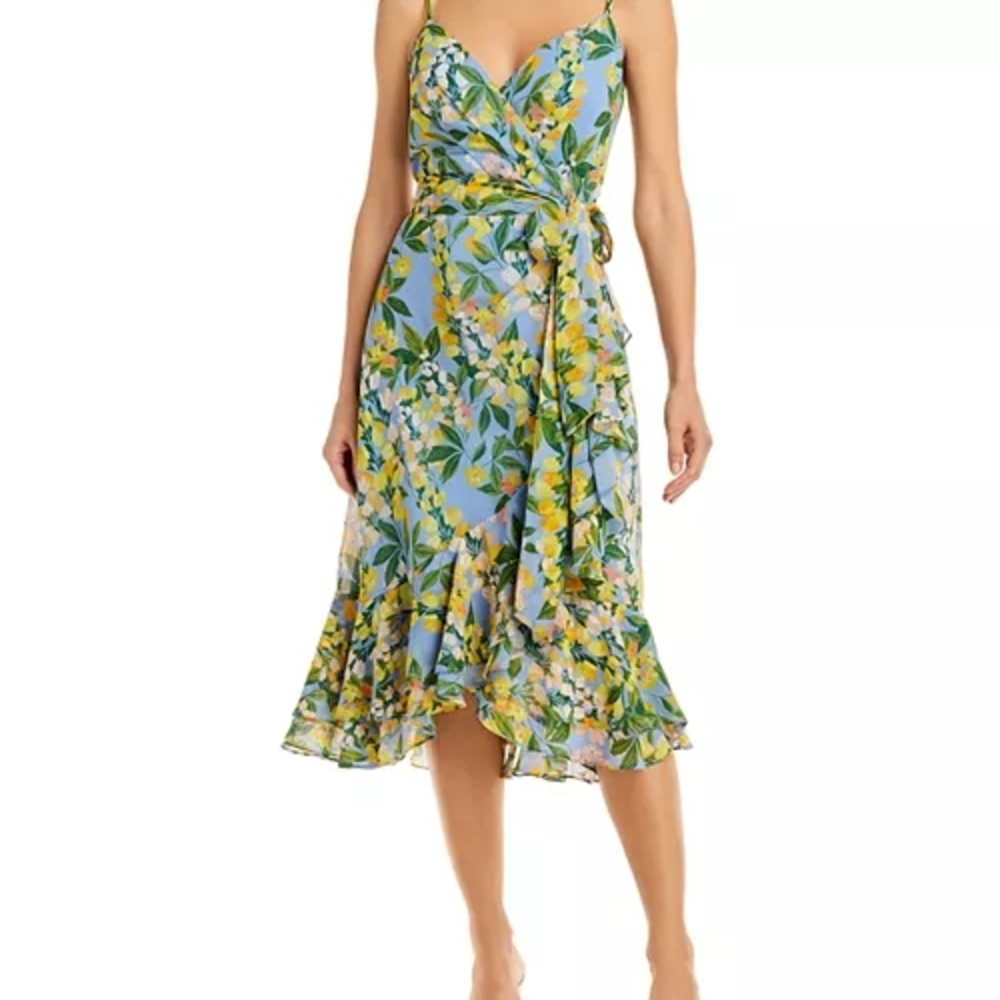 Eliza J Blue and Yellow Floral Midi Wrap Dress